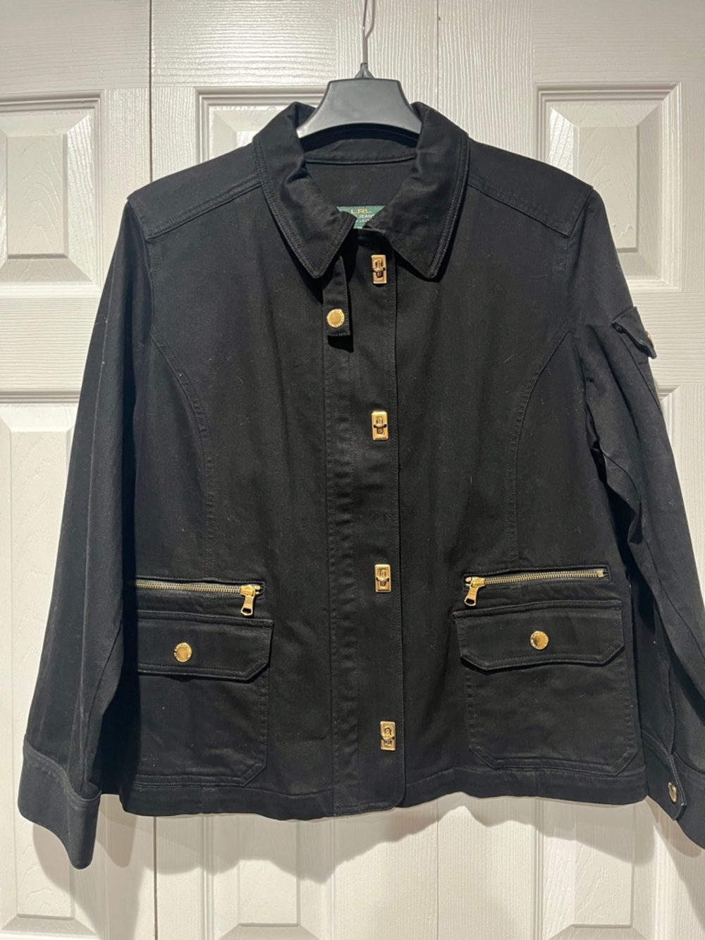 LRL-Lauren Jeans Co. Black denim Jacket with Gold Hardware and front pockets